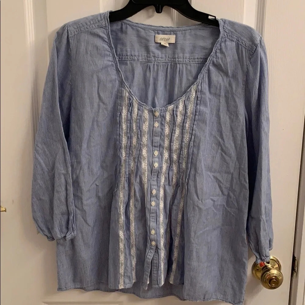 Aerie Blue Lace and Pinstripe Top size Large